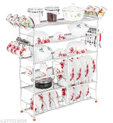 Stainless steel 6-shelf kitchen organizer, dishware and utensil rack, 36H x 30L inches, modular storage for efficient kitchen space